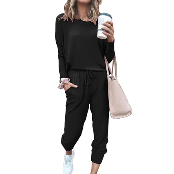 Dam 2-dels Set Lös Stretchig Stilfull Långärmad Tröja Byxor Höst Loungewear Pyjamas Set Svart S