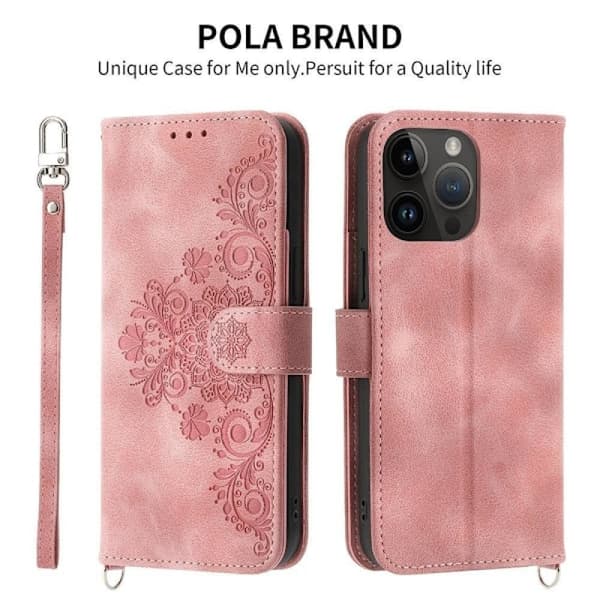 (For Samsung S10) Embossed Leather Phone Case with Lanyard, Multiple Card Slots, Black Brun
