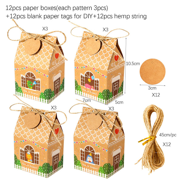 Presentpåsar av kraftpapper, Mini julgranslådor för bröllopsgåvor, Unika julgransmönstrade godislådor (12 stycken, blandade)