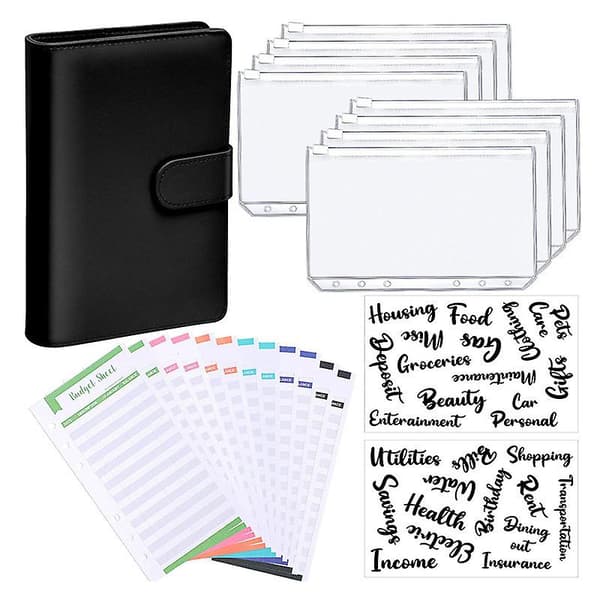 A6 Binder Budget Planner Notesbogomslag Mappe Størrelse 6 Hul Lommer Plast Lynlås Pengebesparende Konvolut (Sort)