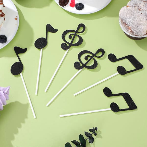 6 stk. Musikknoter Cupcake Toppers for Dessert Bursdagsfestdekor (Svart)