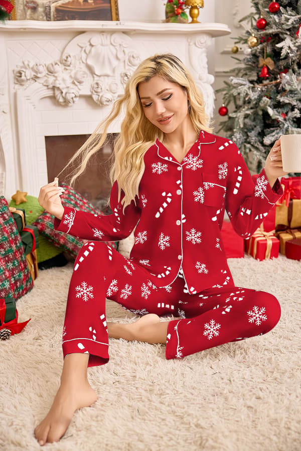 Julpyjamasset för kvinnor, långärmad, långbyxor, vardagspyjamas, perfekt för julen—Röd—Storlek S Red S