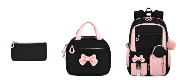 Svart och rosa flickig rosett studentryggsäck 3-delat set pink