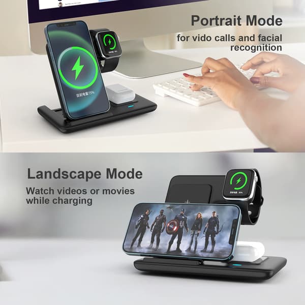 Trådløs oplader til tre-i-én mobiltelefon, ur og headset