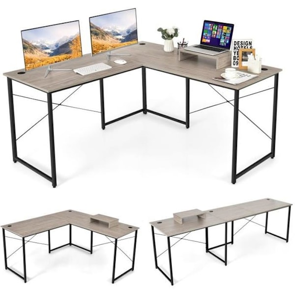 COSTWAY hörnskrivbord - 150 x 150 x 74 CM - Justerbart till rakt skrivbord, stort bord för 2 personer Grå Grå
