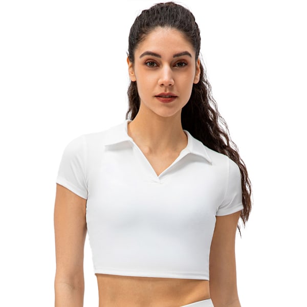 Dam Polo V-ringad Stickad T-shirt med Hög Midja Kortärmad Crop Top T-shirt - Vit 8/L