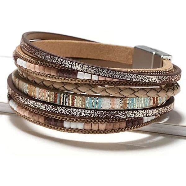 Läderomslag Armband för Kvinnor, Boho Leopard Flerskikts Kristallpärlor Manschett Armband Smycken