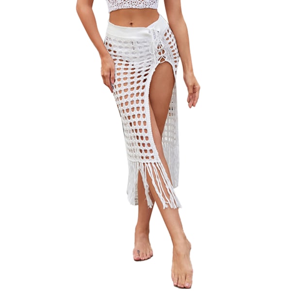 Dam Hollow Out Kjolar Mesh Tofs Stickad Delad Fåll Hög Midja Sida Knytning Strandöverdrag Sarong Vit L