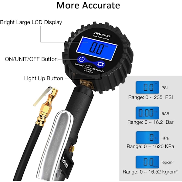 Däckpump med digital precision, noggranna avläsningar upp till 0,1 PSI, flexibel gummislang för manövrerbarhet, byggd för att hålla, snabbkoppling för luft