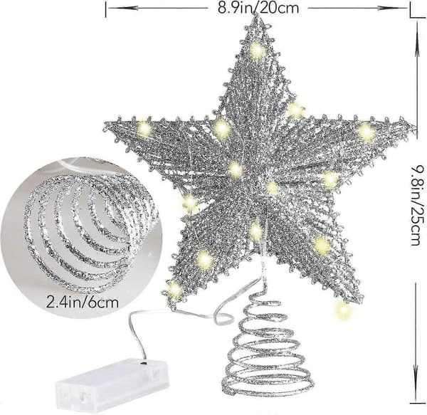 10 tum julgransstjärna med 20 LED-lampor. Silverglittrande metall