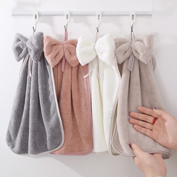 Set med 4 hängande handdukar med rosett, korall sammet mikrofiber