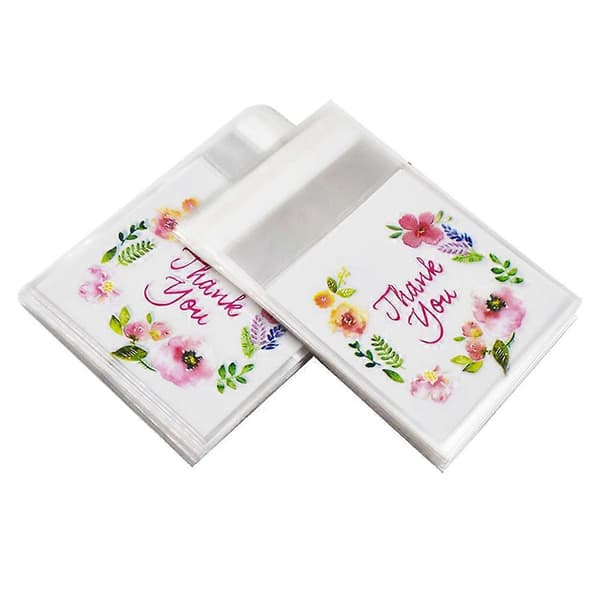 100 stk. Tak Blomstermønster Gavepose Selvklæbende Slikkageposer Cellofanpose Pakkepose Festgavepose (7 x 7 + 3cm)