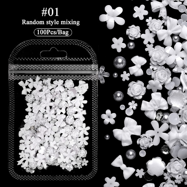 3D nageldekorationer, 300 st multiform fjäril blomma hjärta nagelkonst  nagelpärlor för nagelkonstdekoration white+pink+color