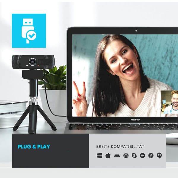 Full HD Webcam, Uforvrænget Linse Streaming Kamera Til PC, Mac, Bærbar Computer, Justerbart Design Med Støjreducerende Mikrofon, Automatisk Lyskorrektion,