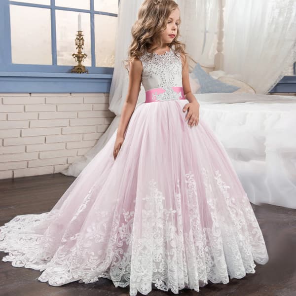 Lång tyllklänning för flickor, rygglös bröllopsbroderi golvlång tyll balklänning, elegant bröllopsklänning för barn med hög midja Pink 140cm