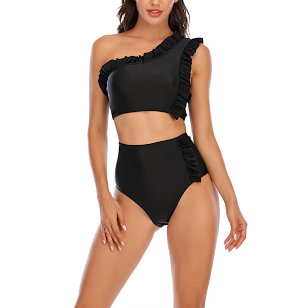 Dam Tankini med En Axel Hög Midja Baddräkter Volang Baddräkt Tank Top Bikini Underdel Set Svart L