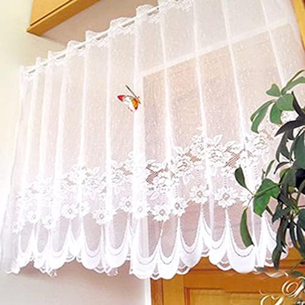 Lantlig Spetsgardin med Blomsterbroderi, Spetsgardiner Vintage Vit Skir Kappa Gardin för Matsal, 1 Styck 100x90cm Vit Polyester,