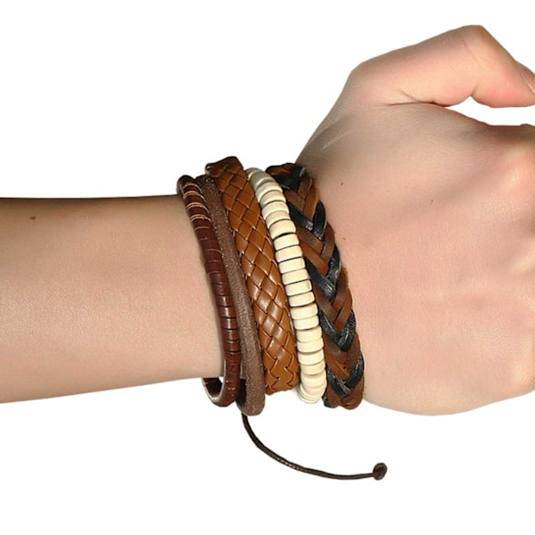 5-pack Handgjorda Läderarmband Herrarmband Skinn Läder Rep brun