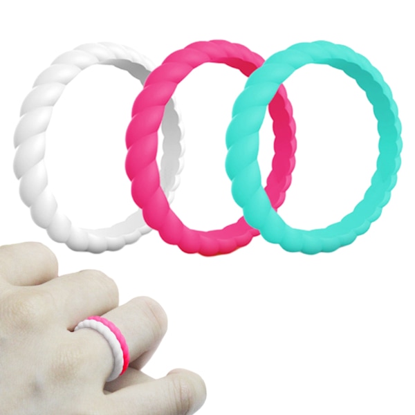 3-pack Silikon Vigselringar för Kvinnor, Tunna och Flätade Gummiband, Trendiga, Färgglada, Bekväma, Hudvänliga SIZE 8