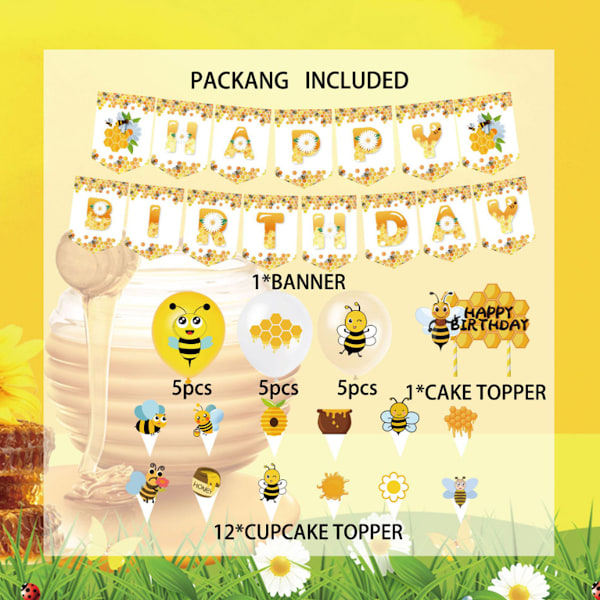 Bi-tema Dekoration för Födelsedagsfest, Muffin Toppers, Blomster Söta Bi-design, Ljust Gul och Svart Papper, Perfekt för att Fira Bin, 1 Flagga
