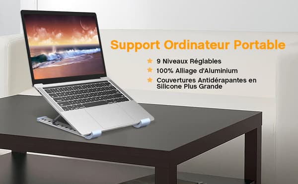 Justerbart og bærbart laptopstativ, aluminiumslegering sikrer letvægtsstabilitet, understøtter laptops op til 15,6\", har foldbart design for nem