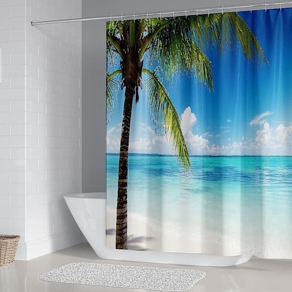 180x200 Design Duschdraperi Tropiskt Hav Palmträd Strand