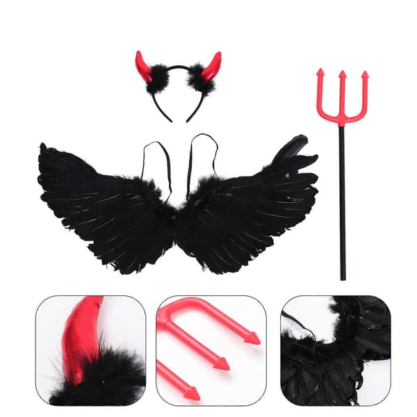 1 sæt djævlekostume hornhår djævletrefork levende vinge cosplay trefork rekvisit