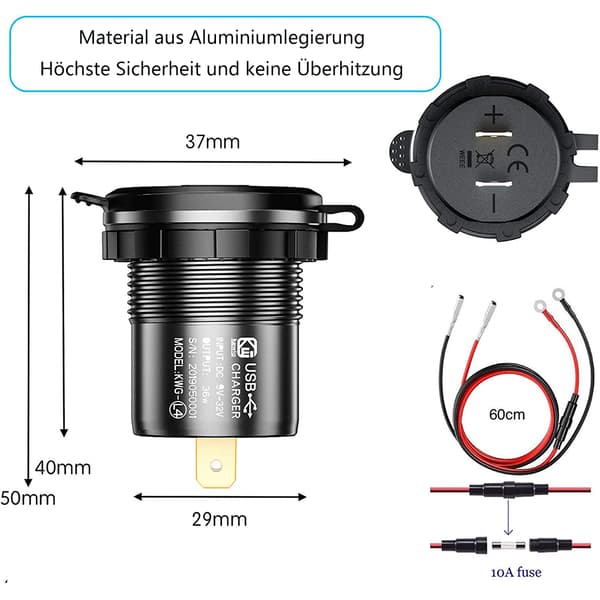 Quick Charge 3.0 Dobbelt USB-opladerstik til biler, lastbiler, Quick Charge 3.0 med aluminiumslegeringskonstruktion, vandtæt, digitalt voltmeter til