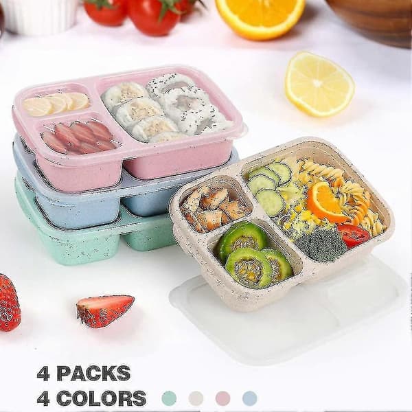 4-pakning Bento Matboks, 3-roms Matbeholdere, Matboks for Barn, Gjenbrukbar Matlagring