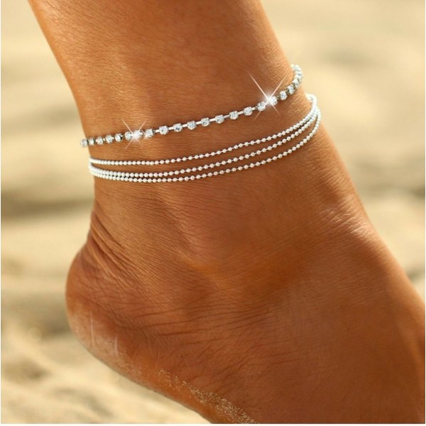 Boho Fußkettchen Silber Kristall Knöchel Armbänder Strass Fußkette für Frauen und Mädchen Silber