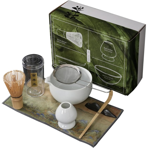 7 st/set matcha-set, matcha vispset inkluderar matchningsskål, bambuvisphållare, matchasjal, teskop, skopa hållare och tehandduk, japansk te-set