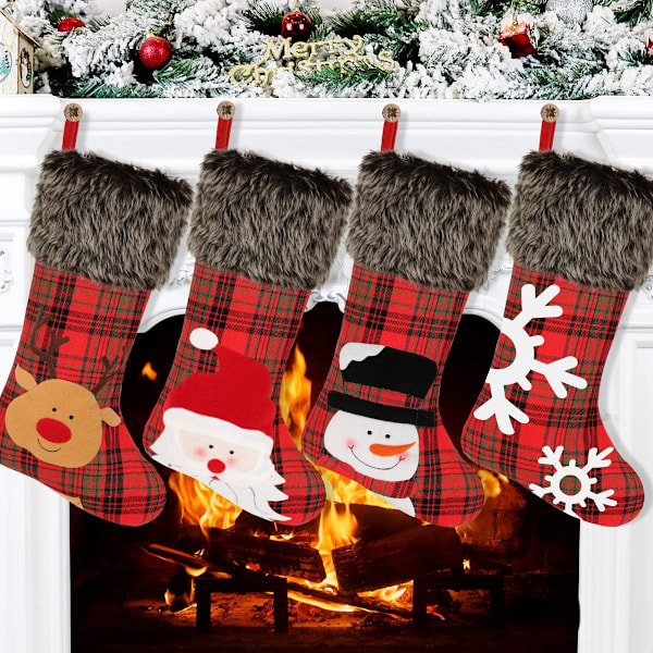 Julstrumpor, perfekt julklapp säckväv rutig stil 45 cm stor storlek med 3D-karaktärsdesign för glädjefull juldekoration (röd och svart, set med