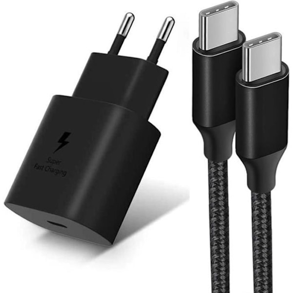 25W PD-laddare + 1M nylon USB-C till USB-C-kabel för Samsung Galaxy A14 A13 A12 A03s A04s A22 A23 A24 - Svart