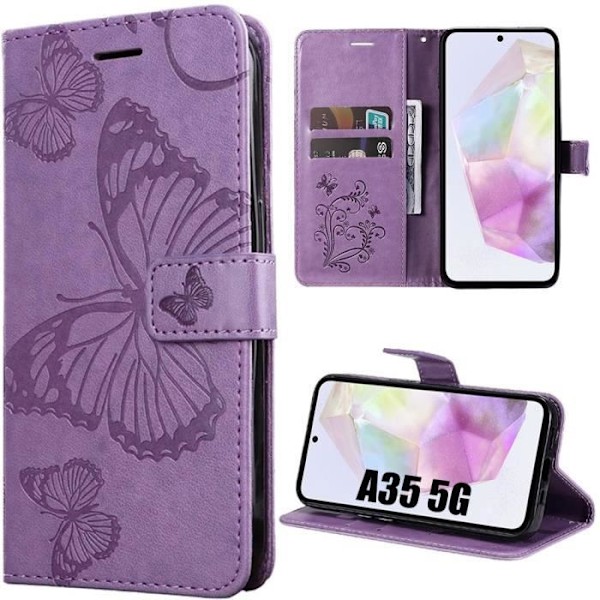 Samsung Galaxy A35 5G skyddsfodral, BOOLING Stiliserad fjärilsdesign, lila, kortplatser Lila