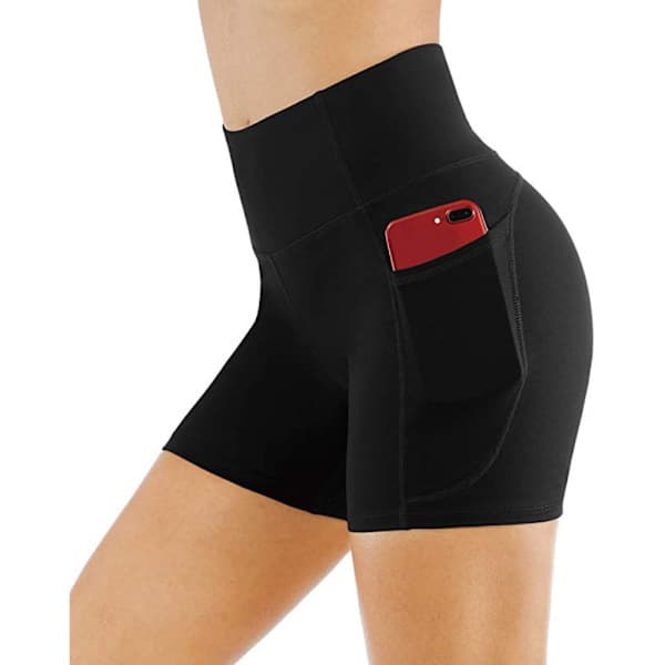 Yogashorts, damshorts med telefonficka, hög midja, träningsbyxor, vit vit L