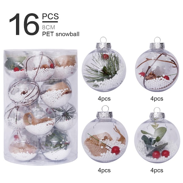 Juldekorationer med jultema, krossäkra klara ihåliga kulor, 16 st DIY-plastkulor, perfekta för kommersiella juldekorationer