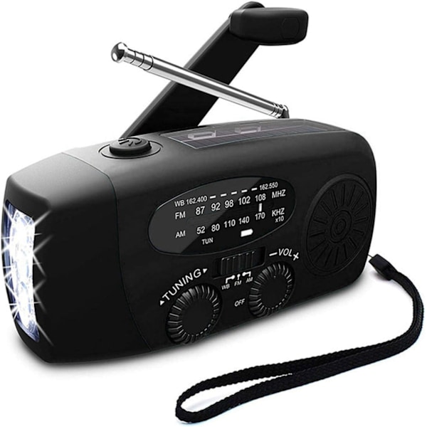 Vevradio med Solceller & Ficklampa - 2000mAh Powerbank - Svart