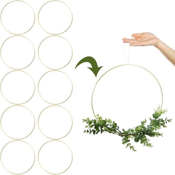 10 stk. 25 cm metallringer makrame blomstergull metallkrans