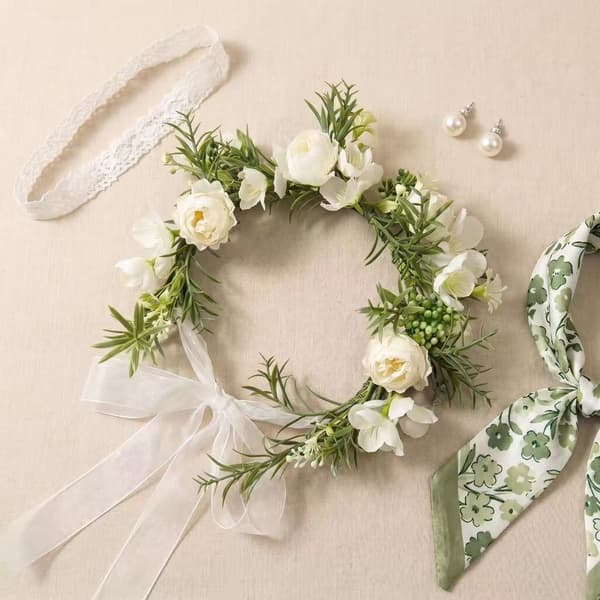 Metsätyylinen valkoinen ruusukranssi tekokukka hiusasuste
