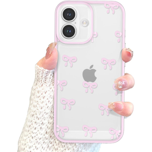 Skal för iPhone 16 Plus, Genomskinligt Sött Band Rosett Mönster Estetiskt Transparent Telefonskal Upphöjt Kameraskydd för Tjejer - Rosa iPhone