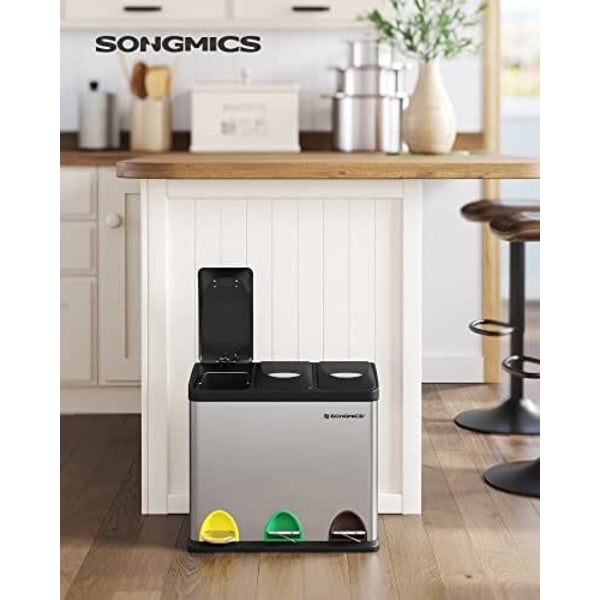 SONGMICS återvinningskärl, 3-i-1 pedalkorg, 24-liters metallsoptunna, stål, silver