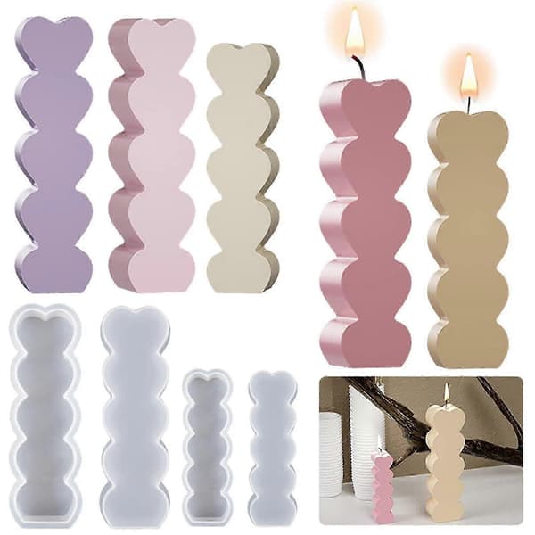 4 stk. Lysforme til lysfremstilling, hjerteformede silikonelysforme, søjlelysforme, epoxyharpiksforme til fremstilling af 3D-lys DIY