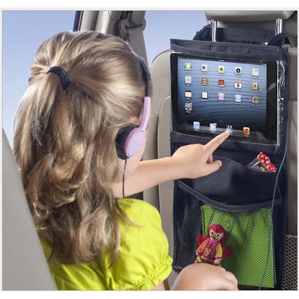 Universal iPad-hållare för bilens baksäte med flera fack svart