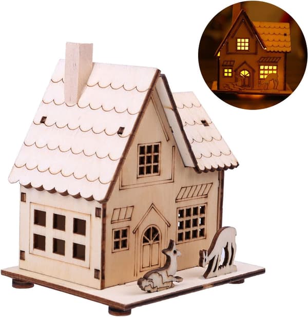 Julepynt i tre til bursdagsdekorasjon, DIY-prosjekt med et uferdig trehus, LED-lysende hus til bryllupsdekorasjon og