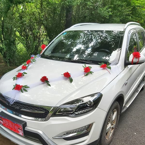 Bryllupsbil blomsterplade båndsløjfe sæt bilhoveddekoration
