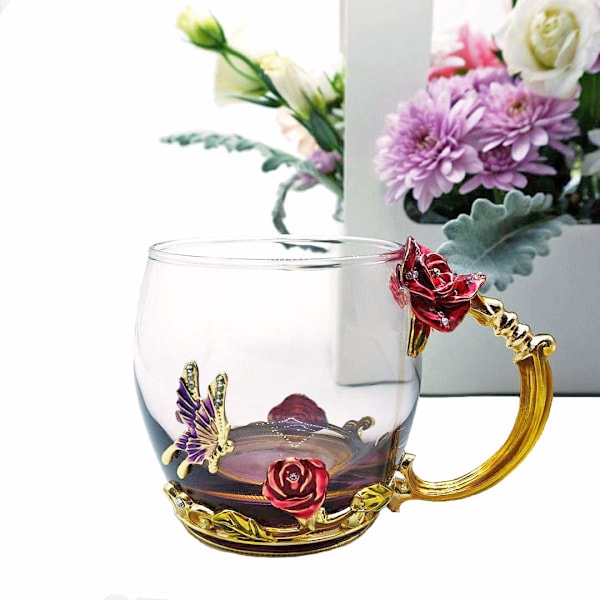 Fjärilsdesign Tekopp med Matchande Sked, Elegant Borosilikatglas Kaffemugg för Perfekt Gåva, Röd Ros Blomma Handgjord Emalj Dryckesbehållare