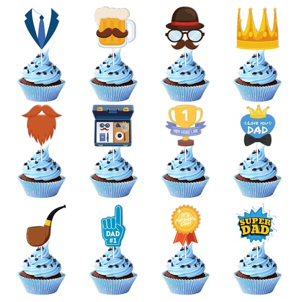 Fars dag-tema 12-delars cupcake-toppset för festdessertdekorationer