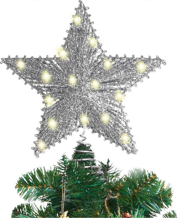 10 tum julgransstjärna med 20 LED-lampor. Silverglittrande metall