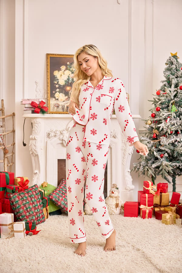 Julpyjamas för kvinnor, långärmad, långbyxor vardagspyjamas, perfekt för julen—Vit—Storlek XL White XL