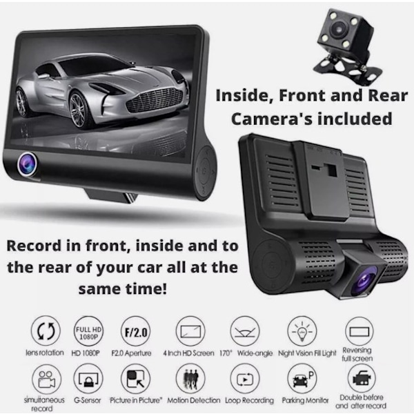 Trippel Dashcam, 1440P Dash-kamera med överlägsen WDR-teknik, 3-lins kamerasystem Full HD Fram & Bak Videobandspelare med Loop-inspelning för Bilar
